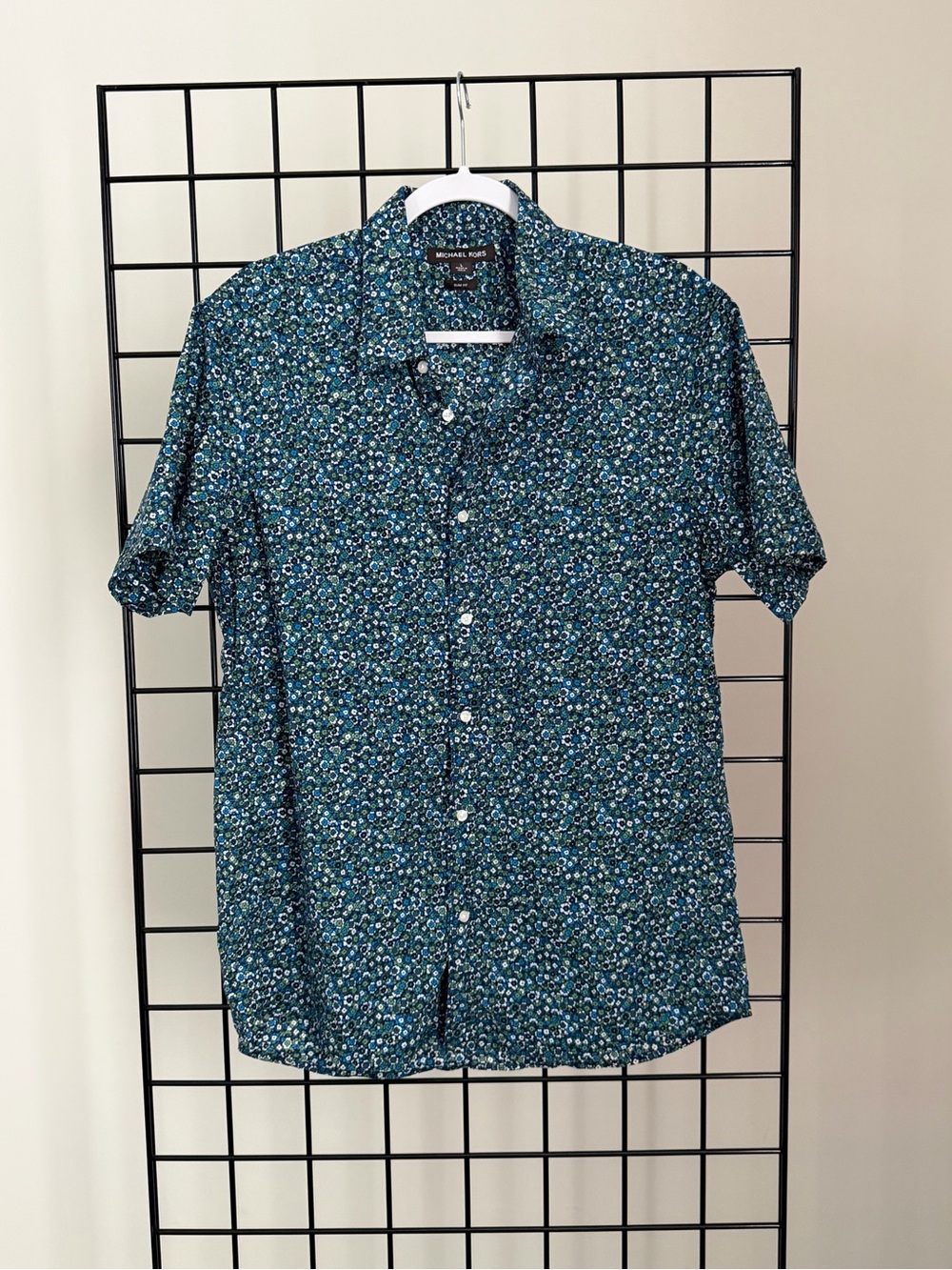 Michael Kors Teal and Blue Micro Floral Short-Sleeve Button-Down Shirt
